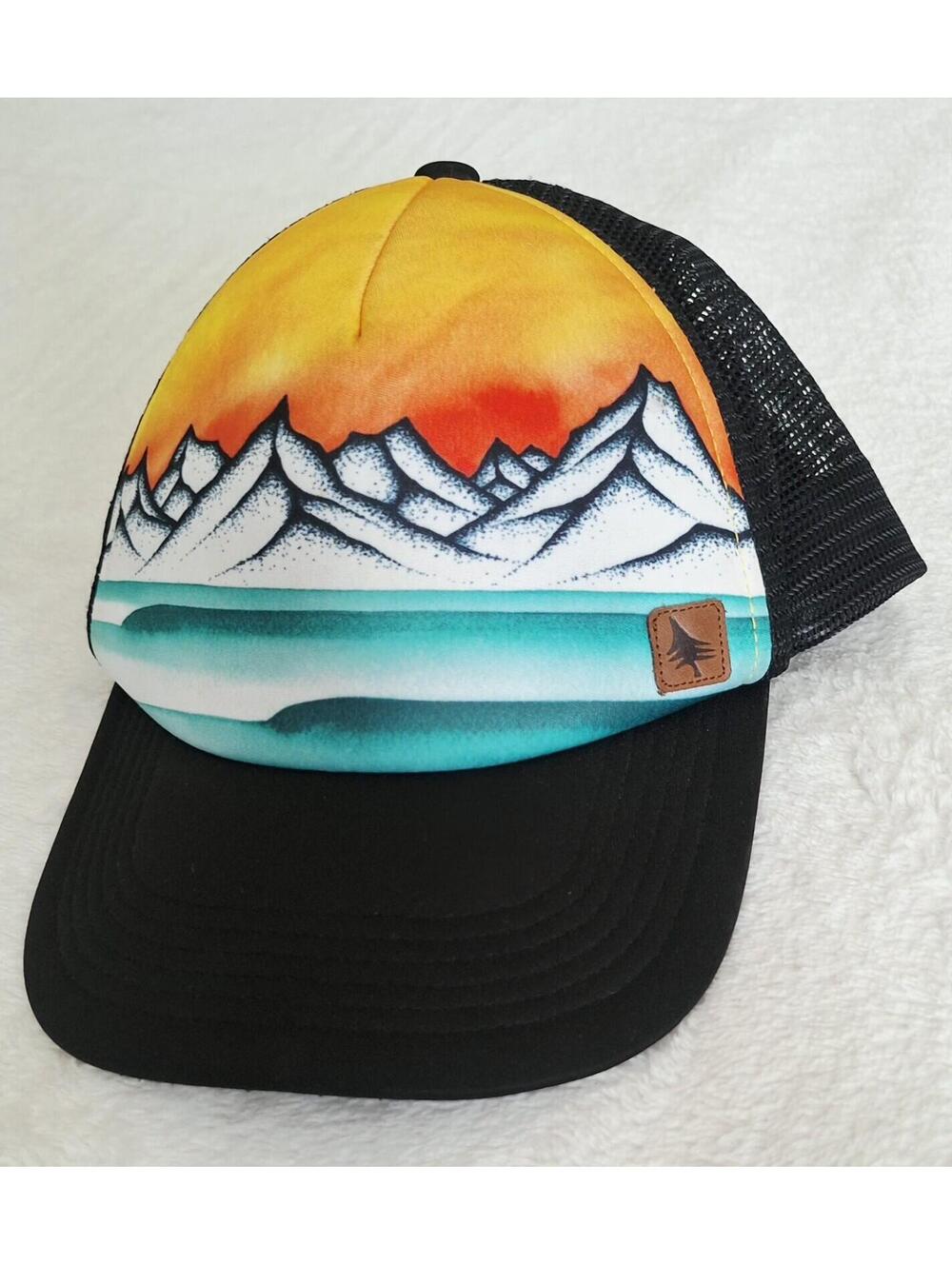 HippyTree Ridgewater Trucker Hat Sunset Mountain Wave Snapback Cap Black NWOT